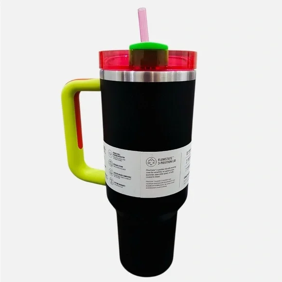 STANLEY Tumbler 40 oz Flowstate Quencher H2.0 BLACK NEON SPRING FLING PINK - Picture 3 of 16